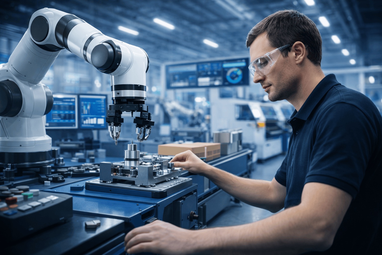 Integración de cobots para tareas como pick  place, ensamblado, paletizado e inspección.